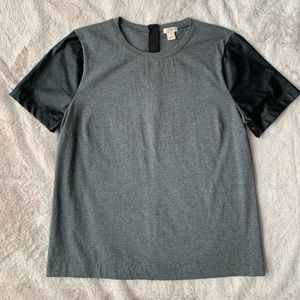 J Crew Gray Top with Black Faux Leather Sleeves